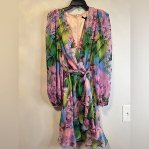 Alex Marie Pink Green Floral Wrap Dress